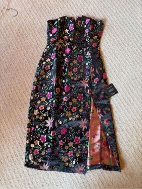 Lulu's Black Strapless Floral Midi Dress with Pink & Green Accents